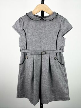 Marie Chantal Girls Belted Peter Pan Collar Wool Cashmere Dress, Dove Gray, 6Y